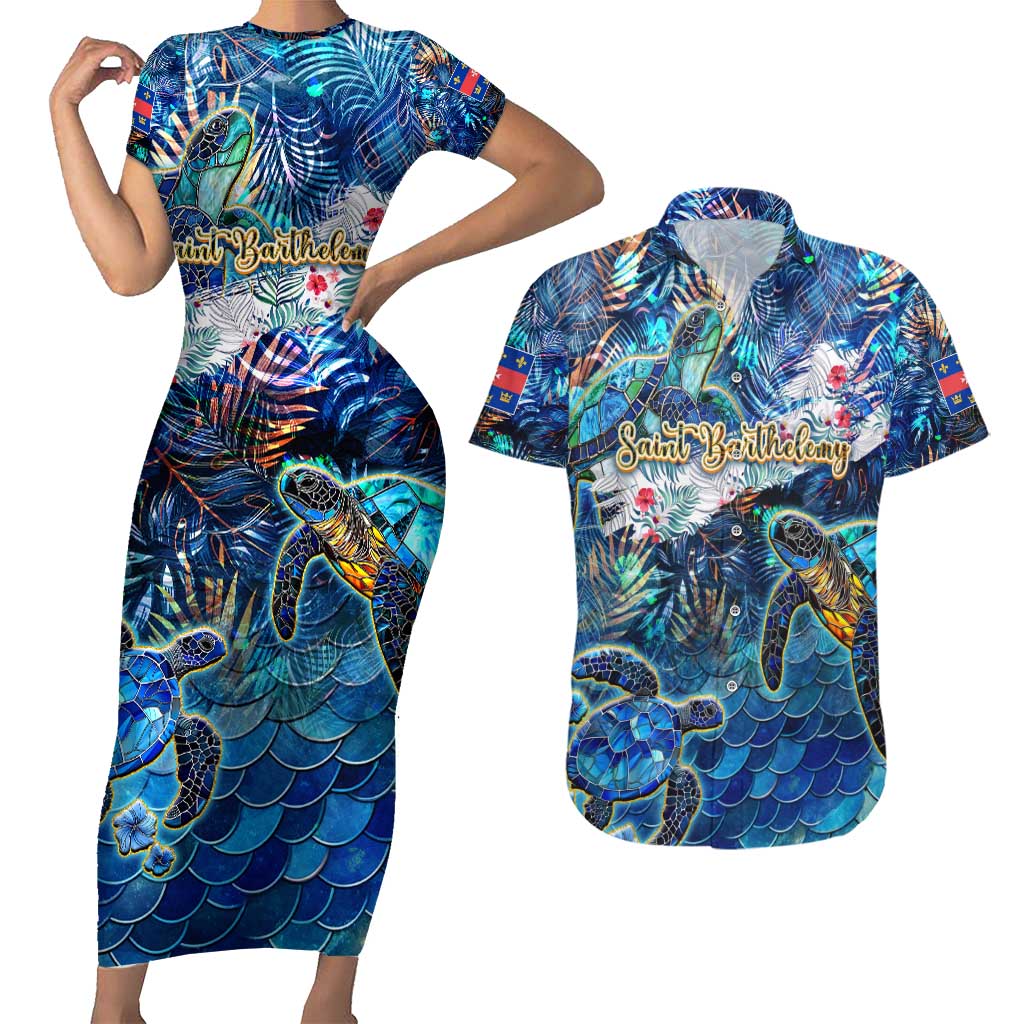 Saint Barthelemy Couples Matching Short Sleeve Bodycon Dress and Hawaiian Shirt Sea Turtle Tropical Pattern