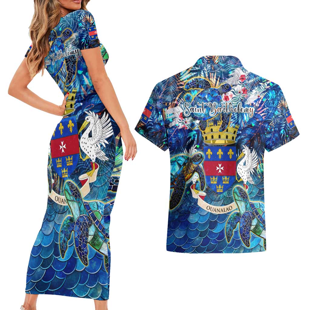Saint Barthelemy Couples Matching Short Sleeve Bodycon Dress and Hawaiian Shirt Sea Turtle Tropical Pattern