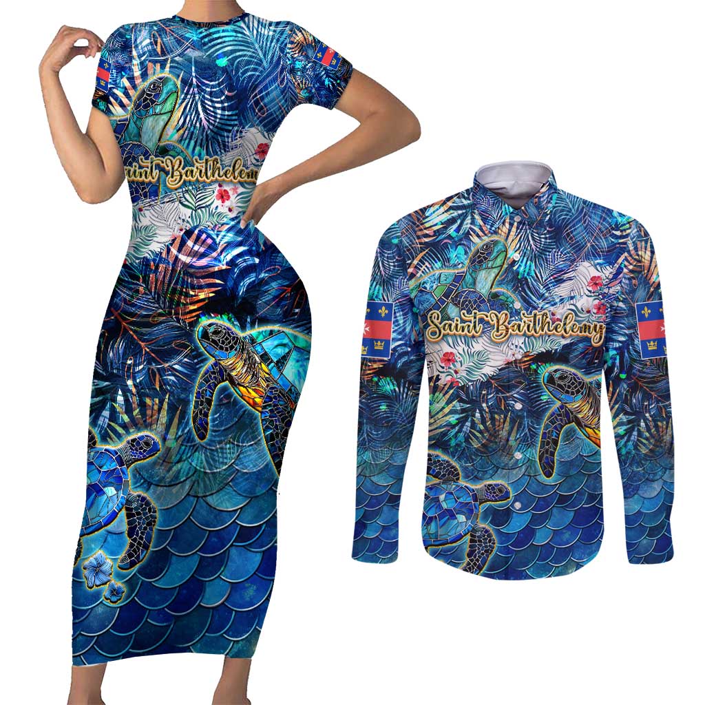 Saint Barthelemy Couples Matching Short Sleeve Bodycon Dress and Long Sleeve Button Shirt Sea Turtle Tropical Pattern