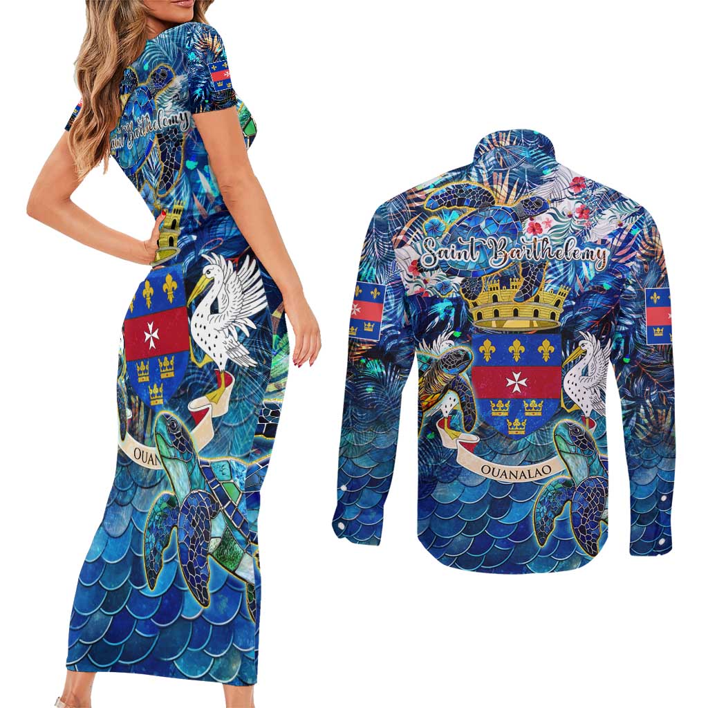 Saint Barthelemy Couples Matching Short Sleeve Bodycon Dress and Long Sleeve Button Shirt Sea Turtle Tropical Pattern