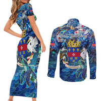 Saint Barthelemy Couples Matching Short Sleeve Bodycon Dress and Long Sleeve Button Shirt Sea Turtle Tropical Pattern
