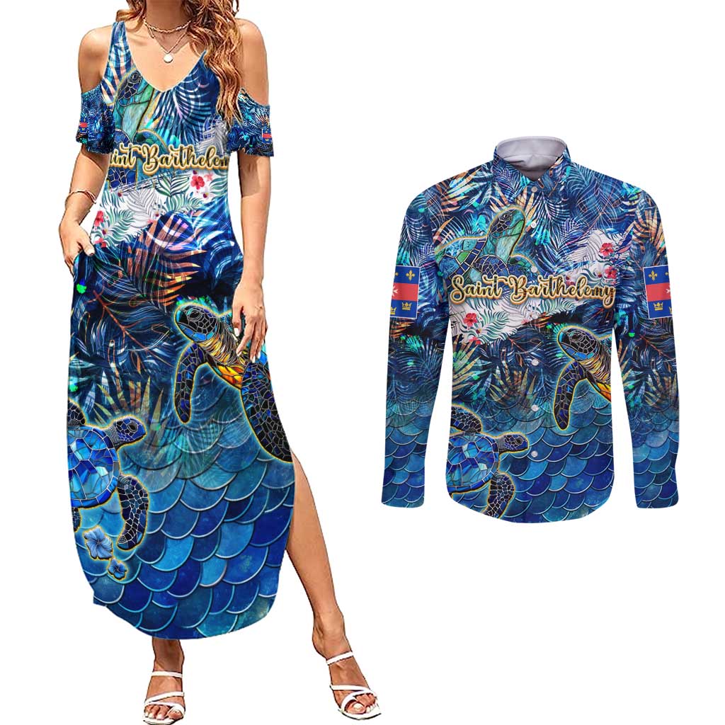 Saint Barthelemy Couples Matching Summer Maxi Dress and Long Sleeve Button Shirt Sea Turtle Tropical Pattern