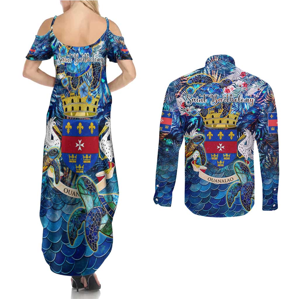 Saint Barthelemy Couples Matching Summer Maxi Dress and Long Sleeve Button Shirt Sea Turtle Tropical Pattern