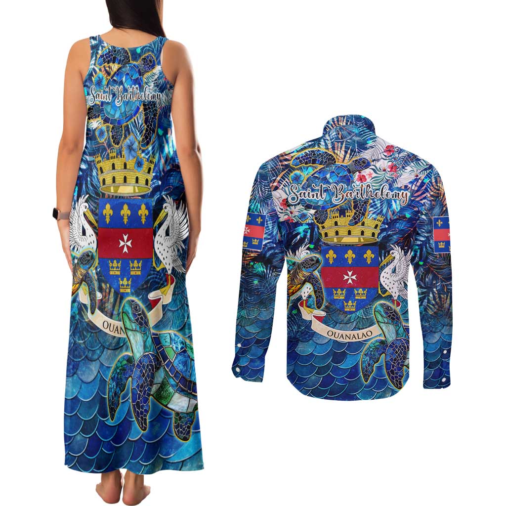 Saint Barthelemy Couples Matching Tank Maxi Dress and Long Sleeve Button Shirt Sea Turtle Tropical Pattern
