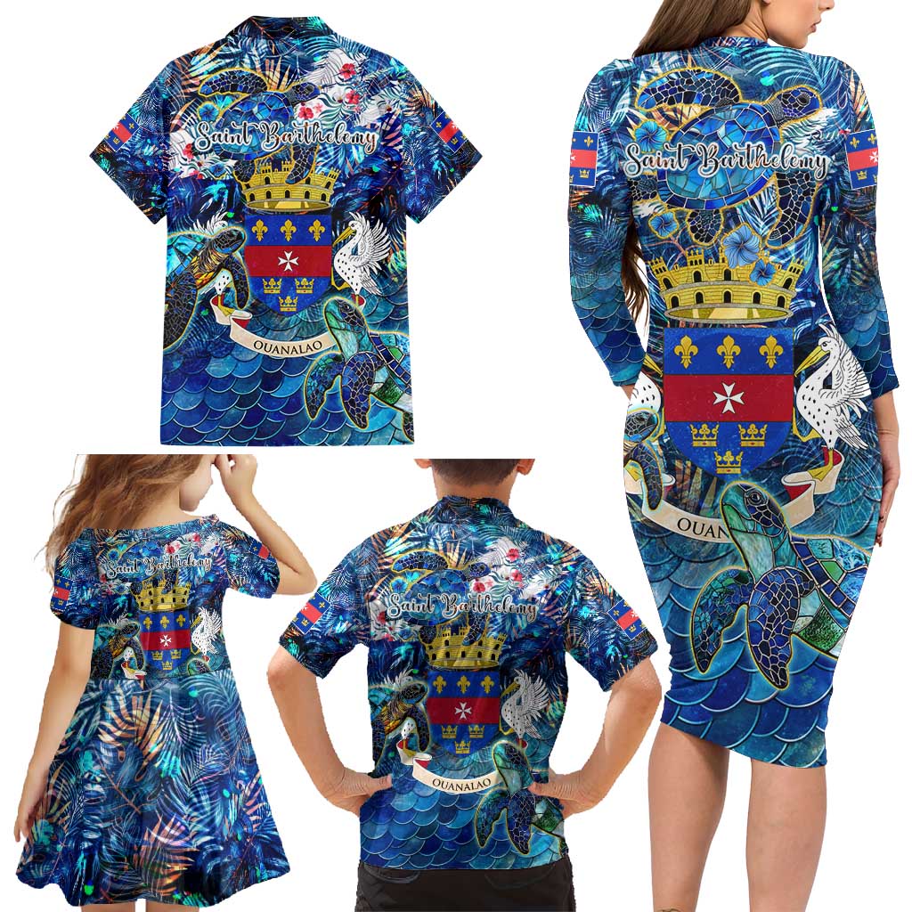 Saint Barthelemy Family Matching Long Sleeve Bodycon Dress and Hawaiian Shirt Sea Turtle Tropical Pattern