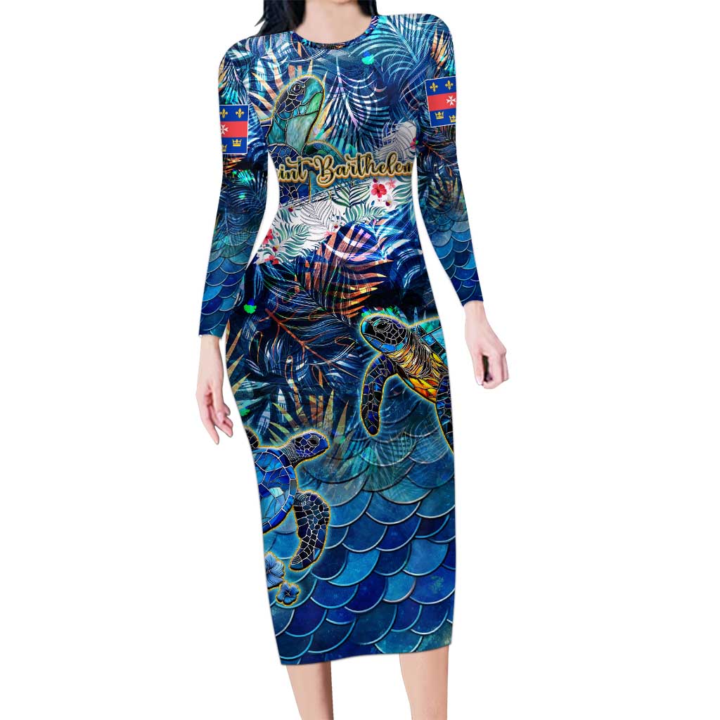 Saint Barthelemy Family Matching Long Sleeve Bodycon Dress and Hawaiian Shirt Sea Turtle Tropical Pattern