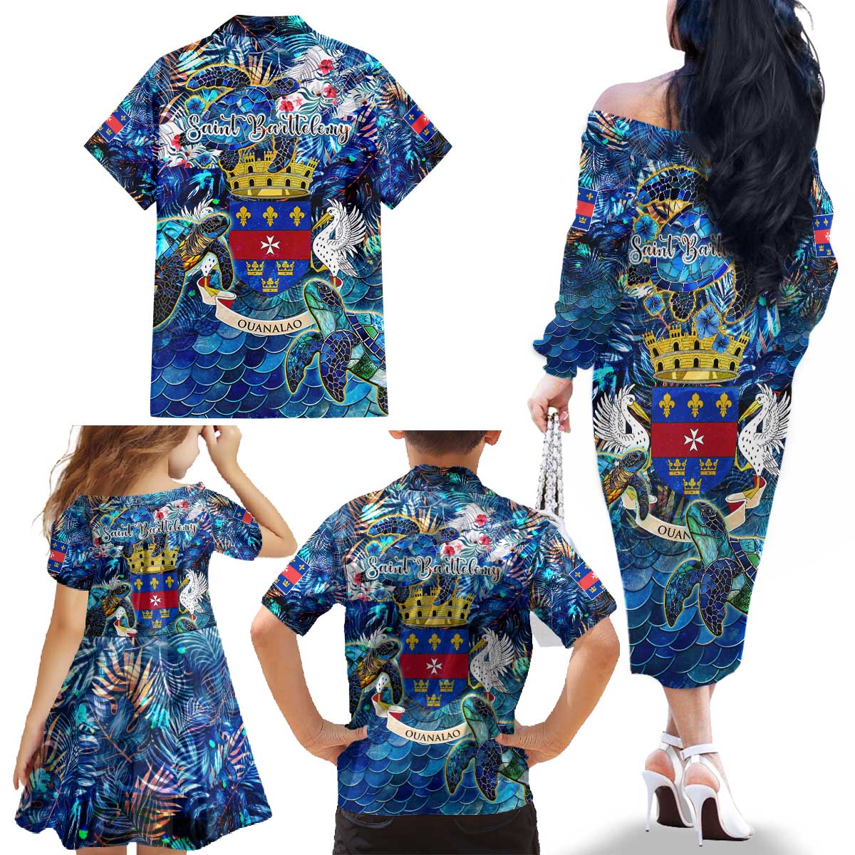Saint Barthelemy Family Matching Off The Shoulder Long Sleeve Dress and Hawaiian Shirt Sea Turtle Tropical Pattern