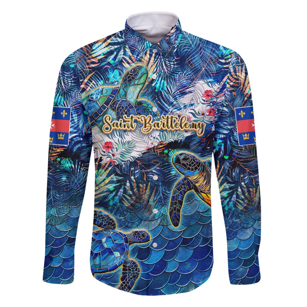 Saint Barthelemy Family Matching Off The Shoulder Long Sleeve Dress and Hawaiian Shirt Sea Turtle Tropical Pattern