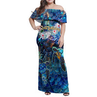 Saint Barthelemy Family Matching Off Shoulder Maxi Dress and Hawaiian Shirt Sea Turtle Tropical Pattern