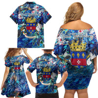 Saint Barthelemy Family Matching Off Shoulder Short Dress and Hawaiian Shirt Sea Turtle Tropical Pattern