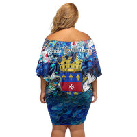 Saint Barthelemy Family Matching Off Shoulder Short Dress and Hawaiian Shirt Sea Turtle Tropical Pattern