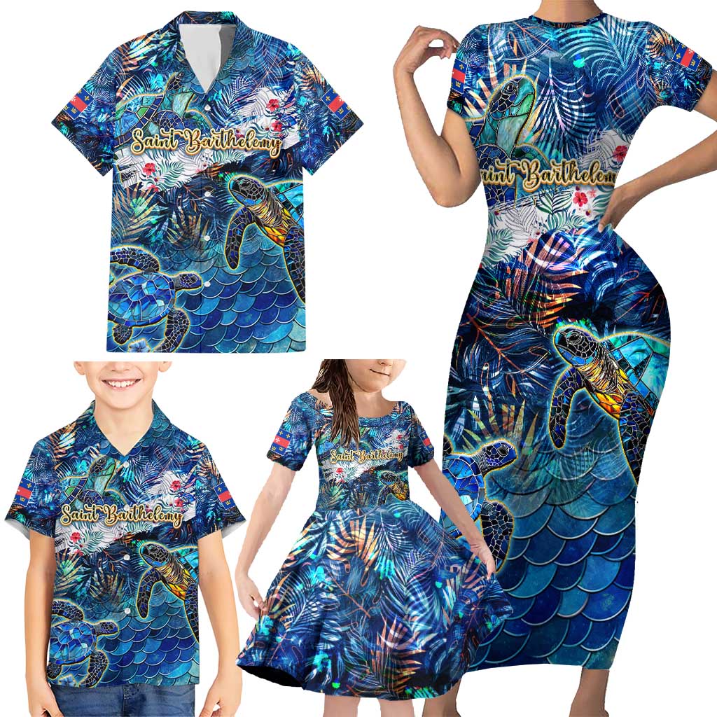 Saint Barthelemy Family Matching Short Sleeve Bodycon Dress and Hawaiian Shirt Sea Turtle Tropical Pattern
