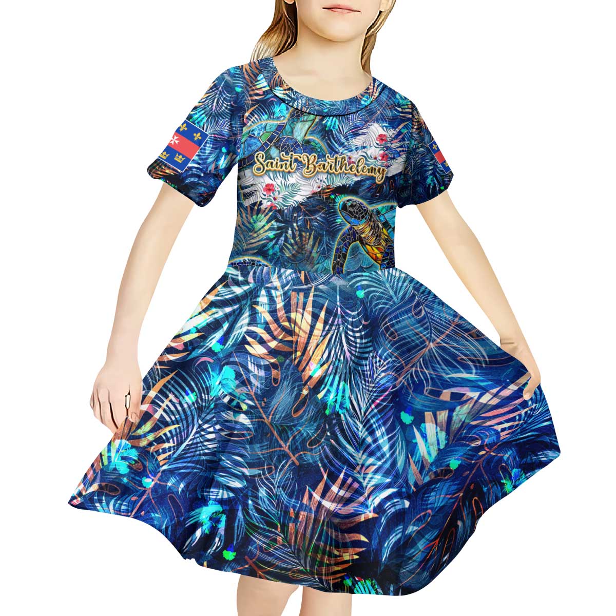 Saint Barthelemy Kid Short Sleeve Dress Sea Turtle Tropical Pattern