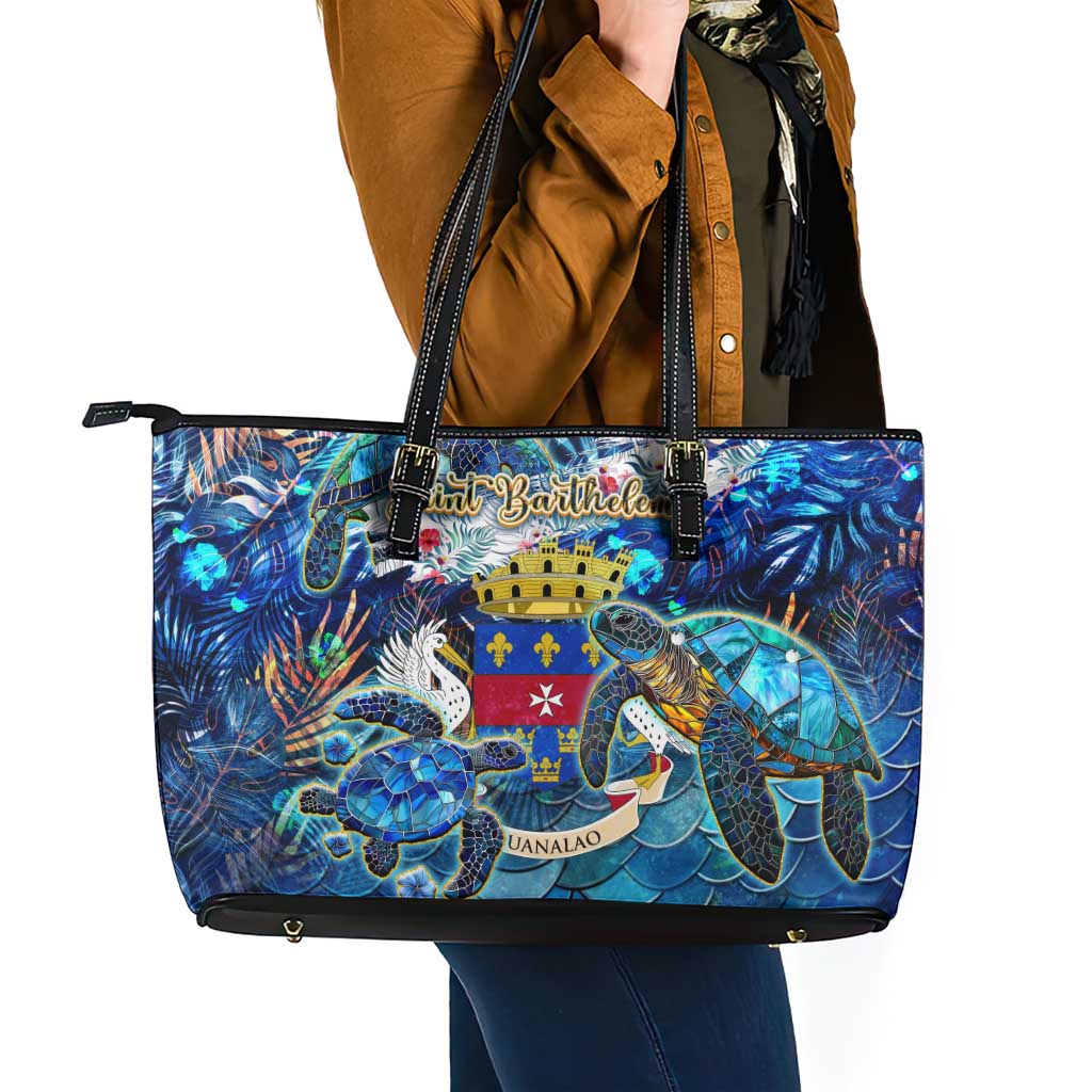 Saint Barthelemy Leather Tote Bag Sea Turtle Tropical Pattern