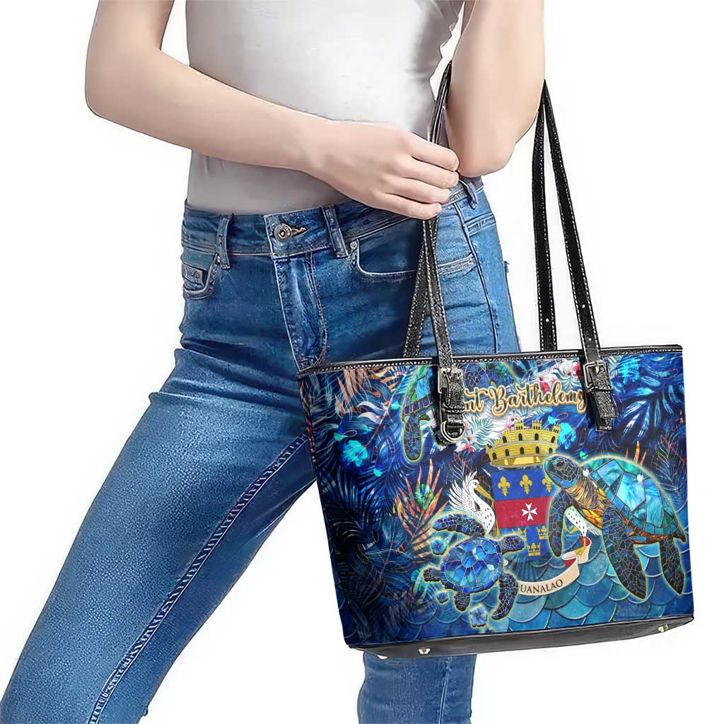 Saint Barthelemy Leather Tote Bag Sea Turtle Tropical Pattern