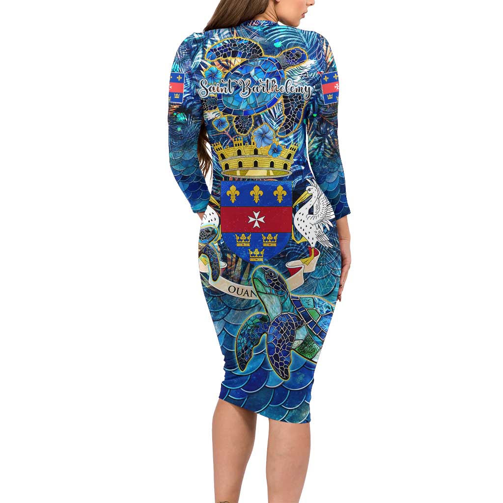 Saint Barthelemy Long Sleeve Bodycon Dress Sea Turtle Tropical Pattern