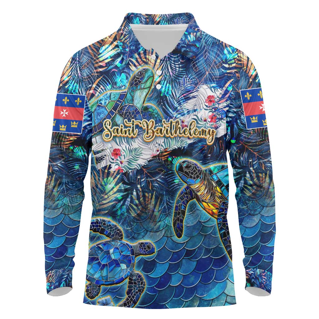 Saint Barthelemy Long Sleeve Polo Shirt Sea Turtle Tropical Pattern