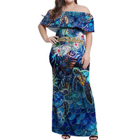 Saint Barthelemy Off Shoulder Maxi Dress Sea Turtle Tropical Pattern
