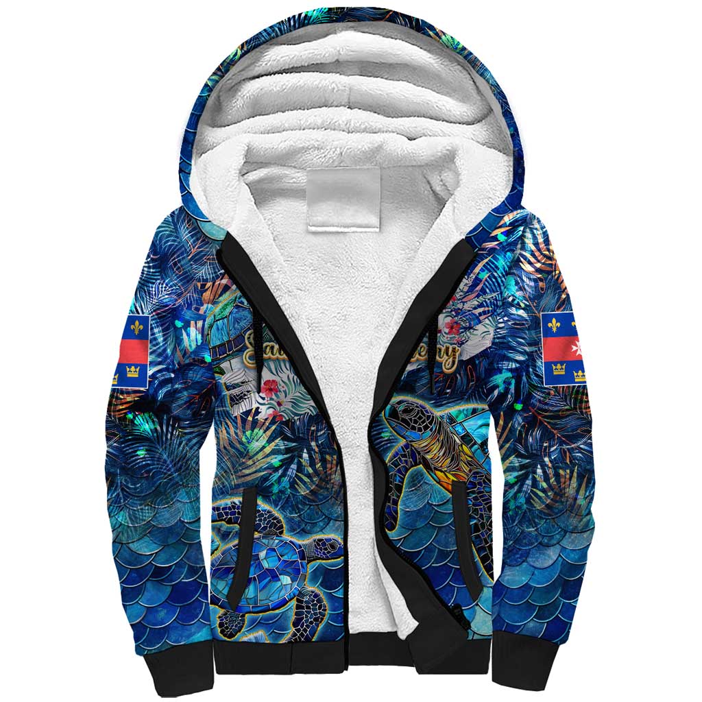 Saint Barthelemy Sherpa Hoodie Sea Turtle Tropical Pattern