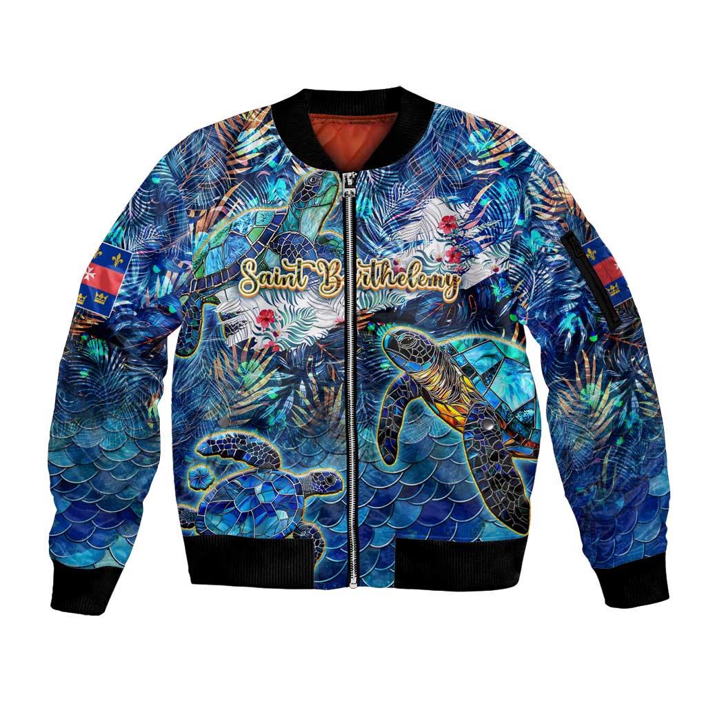 Saint Barthelemy Sleeve Zip Bomber Jacket Sea Turtle Tropical Pattern