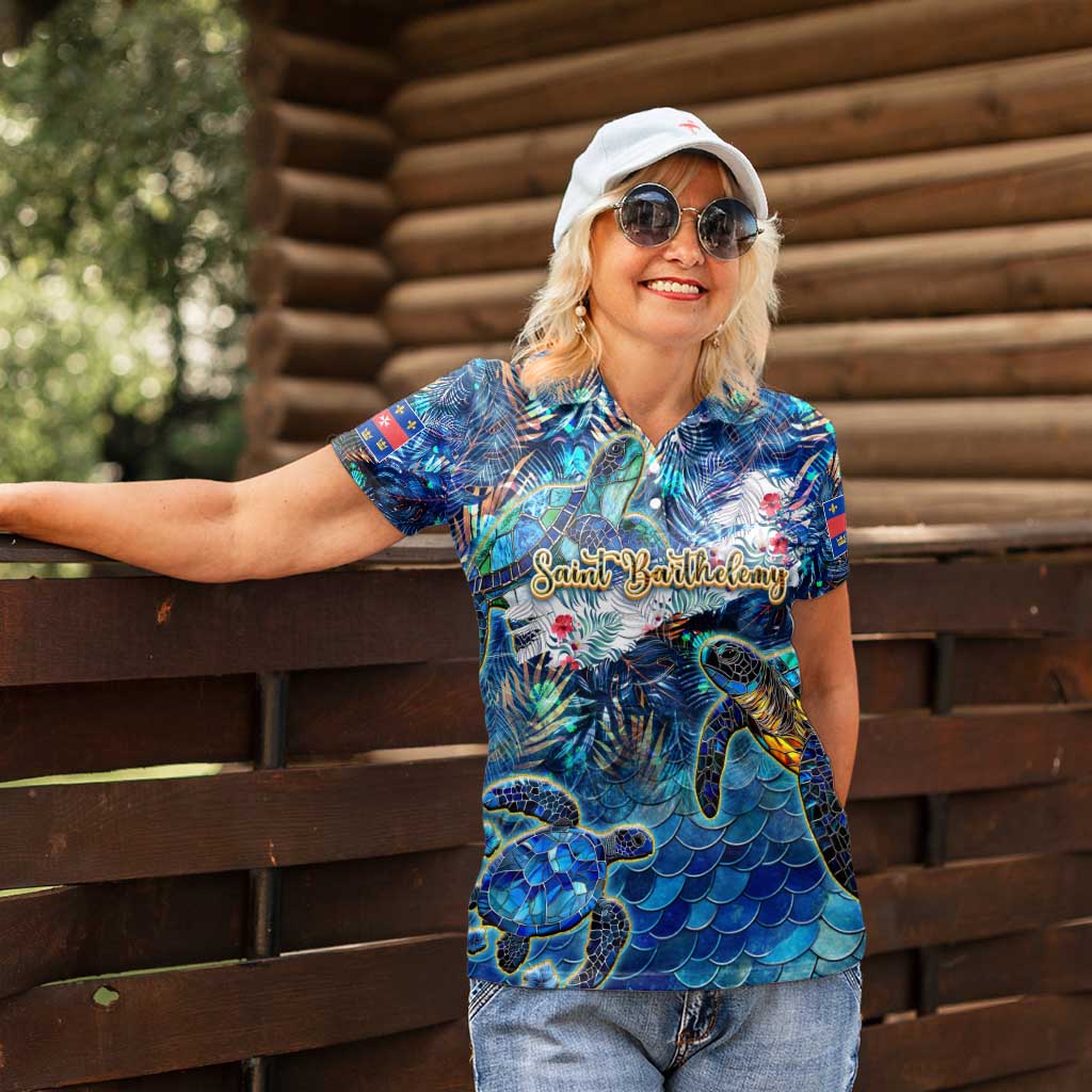 Saint Barthelemy Women Polo Shirt Sea Turtle Tropical Pattern