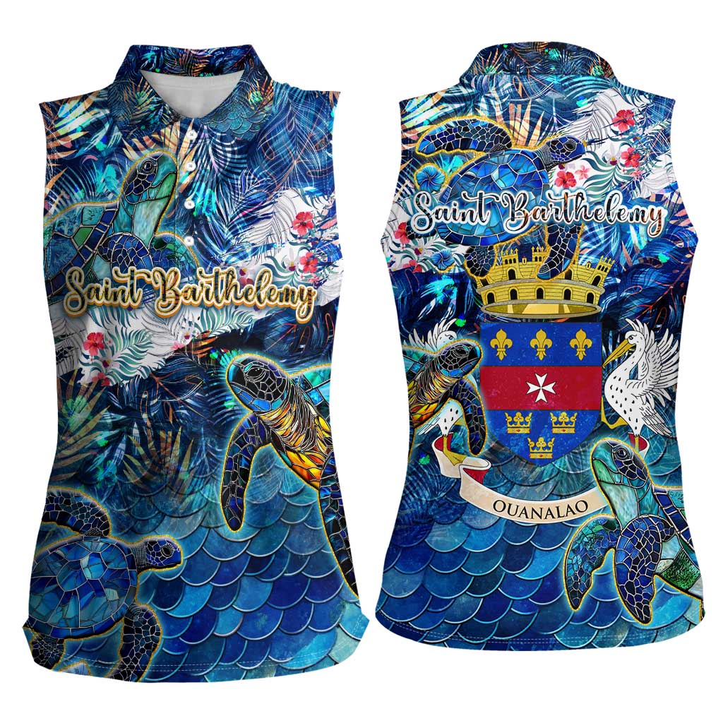 Saint Barthelemy Women Sleeveless Polo Shirt Sea Turtle Tropical Pattern