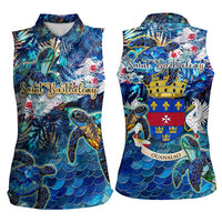 Saint Barthelemy Women Sleeveless Polo Shirt Sea Turtle Tropical Pattern