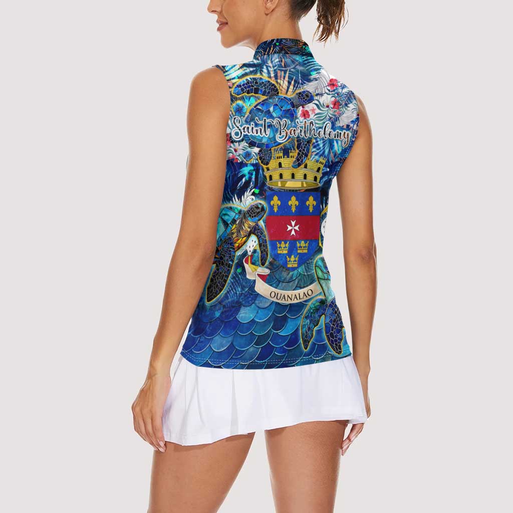 Saint Barthelemy Women Sleeveless Polo Shirt Sea Turtle Tropical Pattern