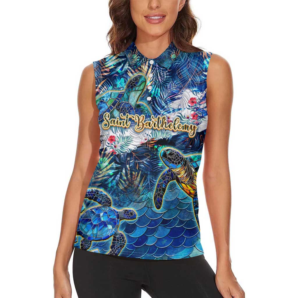 Saint Barthelemy Women Sleeveless Polo Shirt Sea Turtle Tropical Pattern