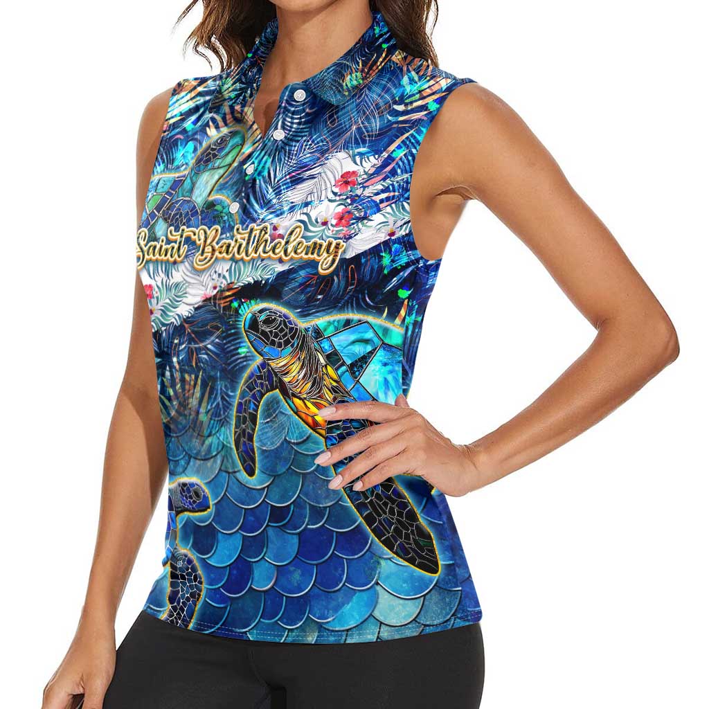 Saint Barthelemy Women Sleeveless Polo Shirt Sea Turtle Tropical Pattern