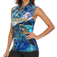 Saint Barthelemy Women Sleeveless Polo Shirt Sea Turtle Tropical Pattern
