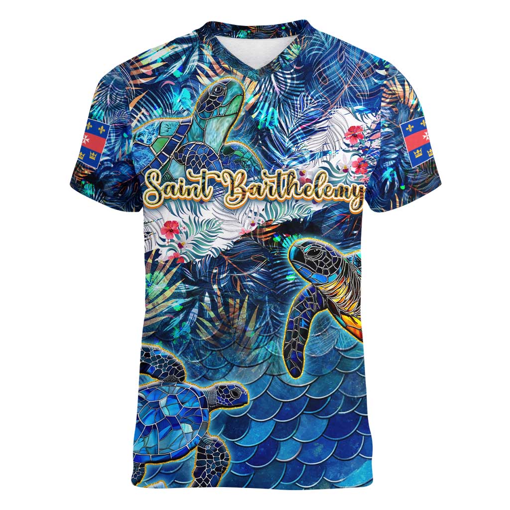 Saint Barthelemy Women V-Neck T-Shirt Sea Turtle Tropical Pattern