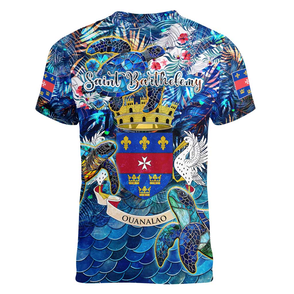 Saint Barthelemy Women V-Neck T-Shirt Sea Turtle Tropical Pattern