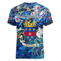 Saint Barthelemy Women V-Neck T-Shirt Sea Turtle Tropical Pattern