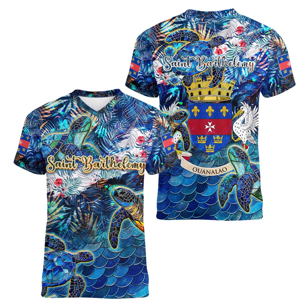 Saint Barthelemy Women V-Neck T-Shirt Sea Turtle Tropical Pattern