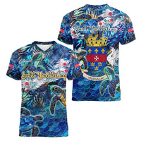 Saint Barthelemy Women V-Neck T-Shirt Sea Turtle Tropical Pattern