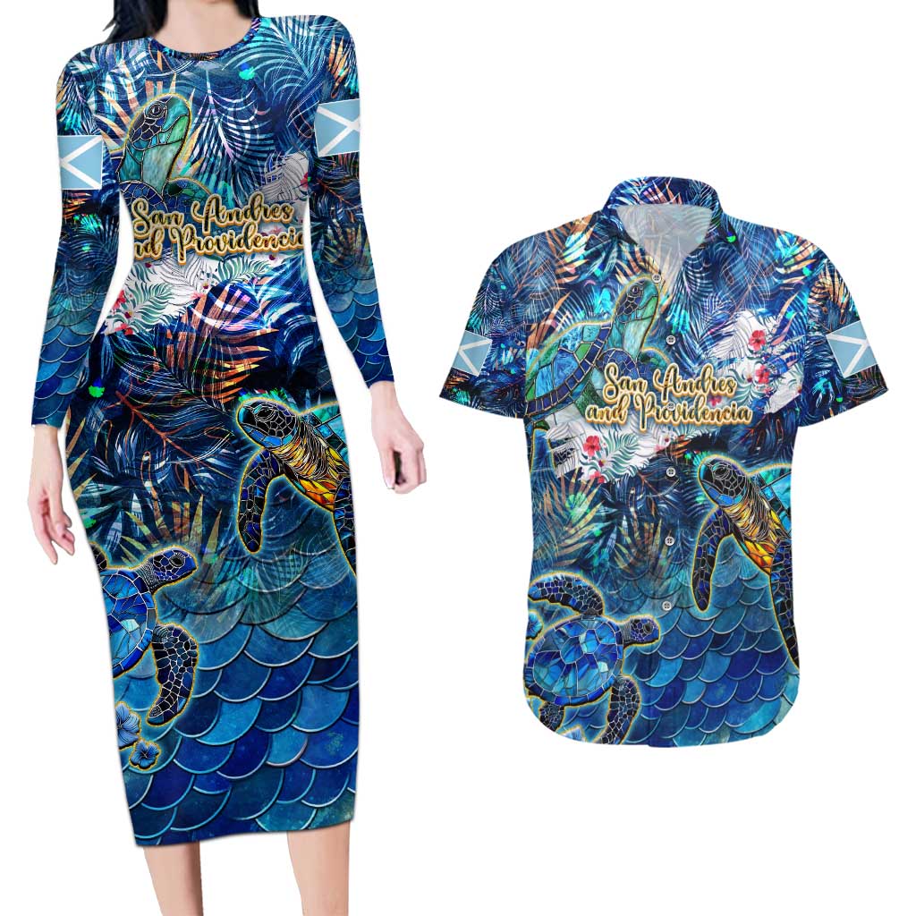 San Andres and Providencia Couples Matching Long Sleeve Bodycon Dress and Hawaiian Shirt Sea Turtle Tropical Pattern