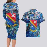 San Andres and Providencia Couples Matching Long Sleeve Bodycon Dress and Hawaiian Shirt Sea Turtle Tropical Pattern