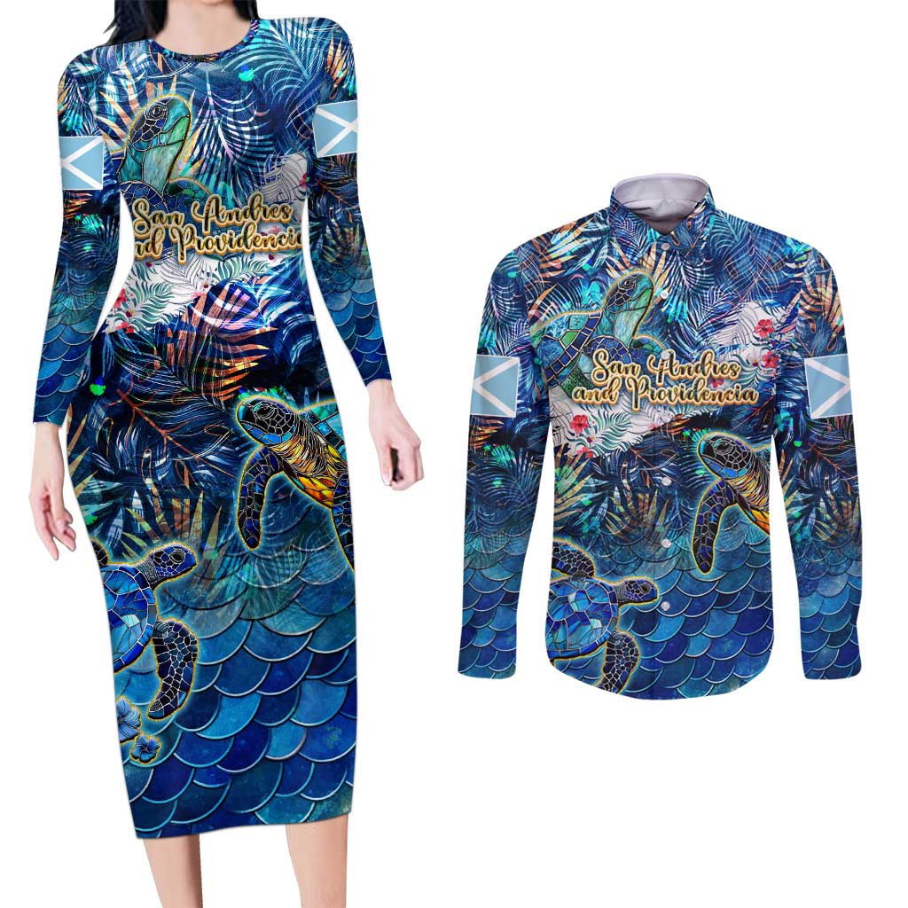 San Andres and Providencia Couples Matching Long Sleeve Bodycon Dress and Long Sleeve Button Shirt Sea Turtle Tropical Pattern