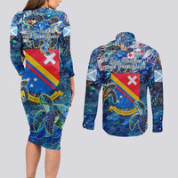 San Andres and Providencia Couples Matching Long Sleeve Bodycon Dress and Long Sleeve Button Shirt Sea Turtle Tropical Pattern
