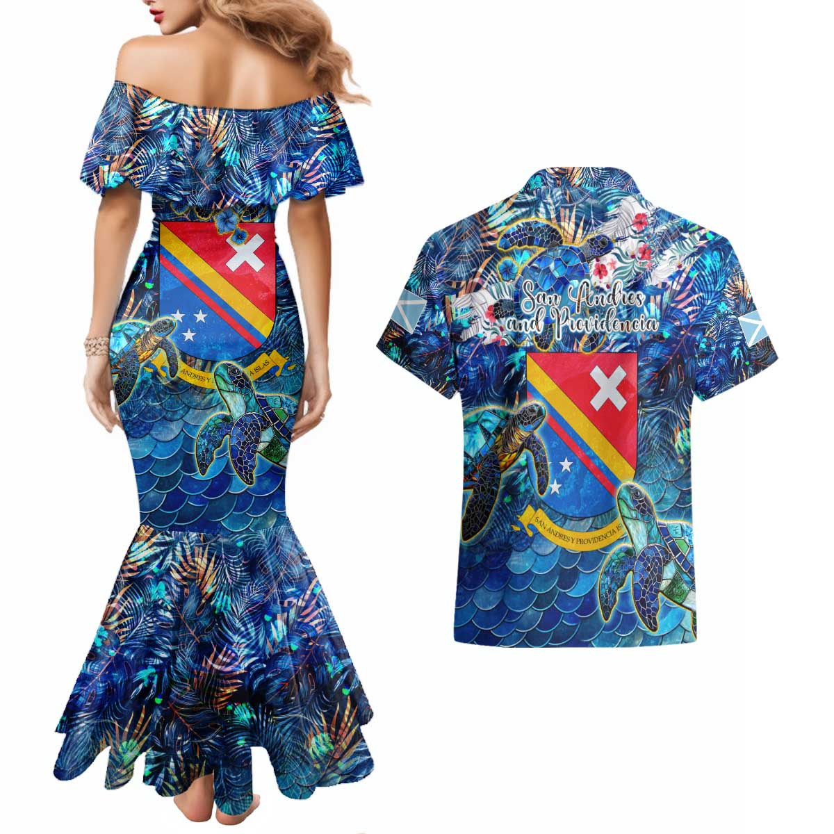 San Andres and Providencia Couples Matching Mermaid Dress and Hawaiian Shirt Sea Turtle Tropical Pattern