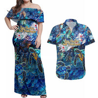 San Andres and Providencia Couples Matching Off Shoulder Maxi Dress and Hawaiian Shirt Sea Turtle Tropical Pattern