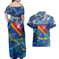 San Andres and Providencia Couples Matching Off Shoulder Maxi Dress and Hawaiian Shirt Sea Turtle Tropical Pattern