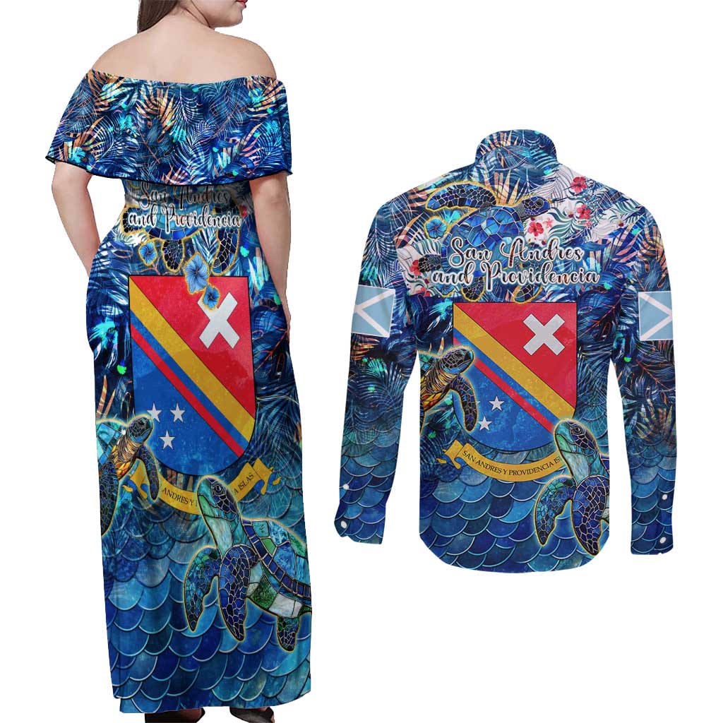 San Andres and Providencia Couples Matching Off Shoulder Maxi Dress and Long Sleeve Button Shirt Sea Turtle Tropical Pattern