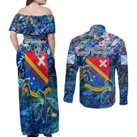 San Andres and Providencia Couples Matching Off Shoulder Maxi Dress and Long Sleeve Button Shirt Sea Turtle Tropical Pattern