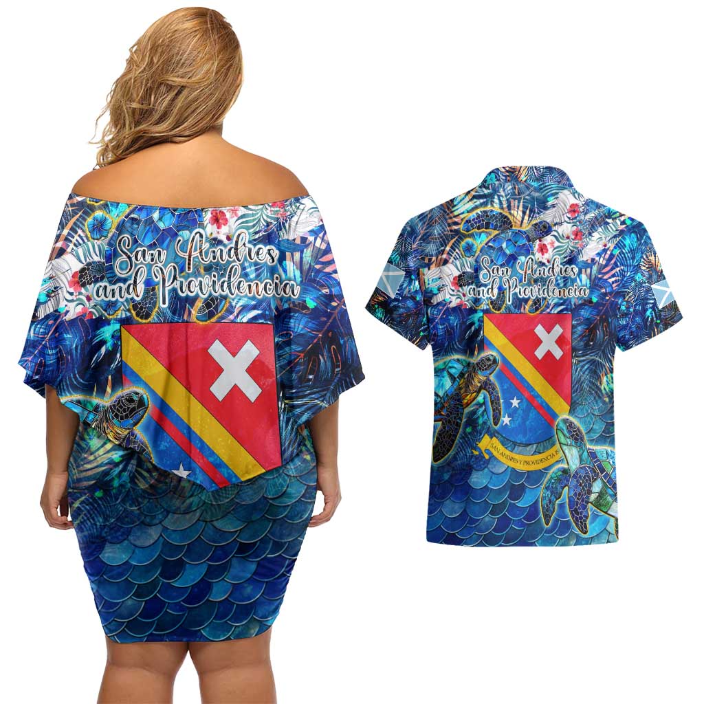 San Andres and Providencia Couples Matching Off Shoulder Short Dress and Hawaiian Shirt Sea Turtle Tropical Pattern