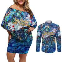 San Andres and Providencia Couples Matching Off Shoulder Short Dress and Long Sleeve Button Shirt Sea Turtle Tropical Pattern