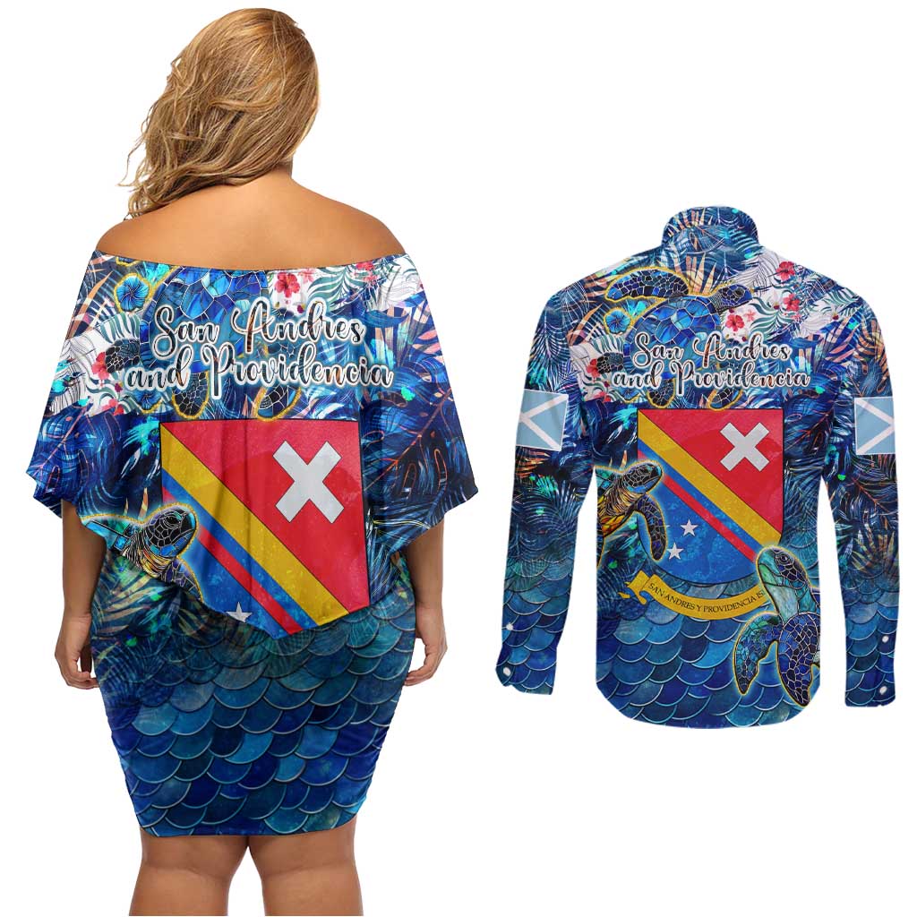 San Andres and Providencia Couples Matching Off Shoulder Short Dress and Long Sleeve Button Shirt Sea Turtle Tropical Pattern
