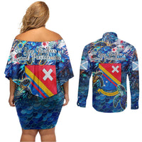 San Andres and Providencia Couples Matching Off Shoulder Short Dress and Long Sleeve Button Shirt Sea Turtle Tropical Pattern