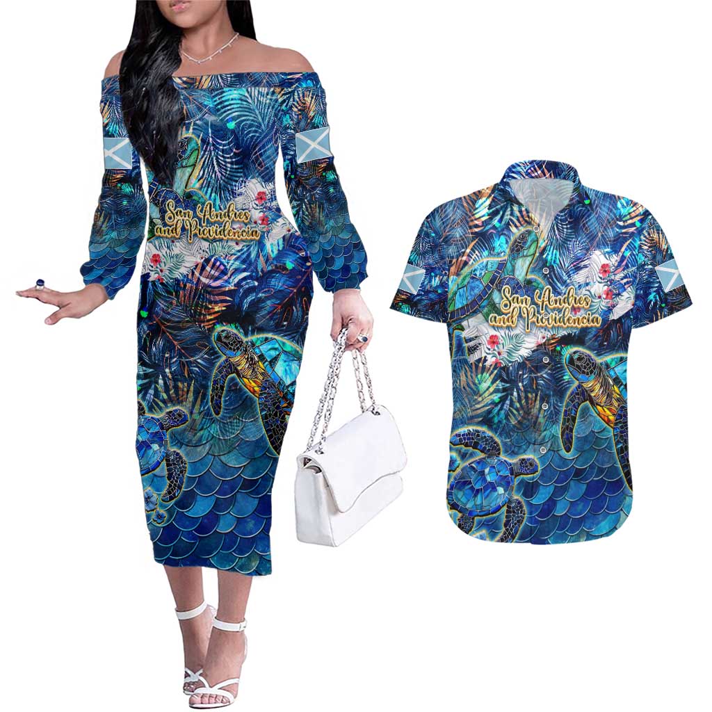 San Andres and Providencia Couples Matching Off The Shoulder Long Sleeve Dress and Hawaiian Shirt Sea Turtle Tropical Pattern